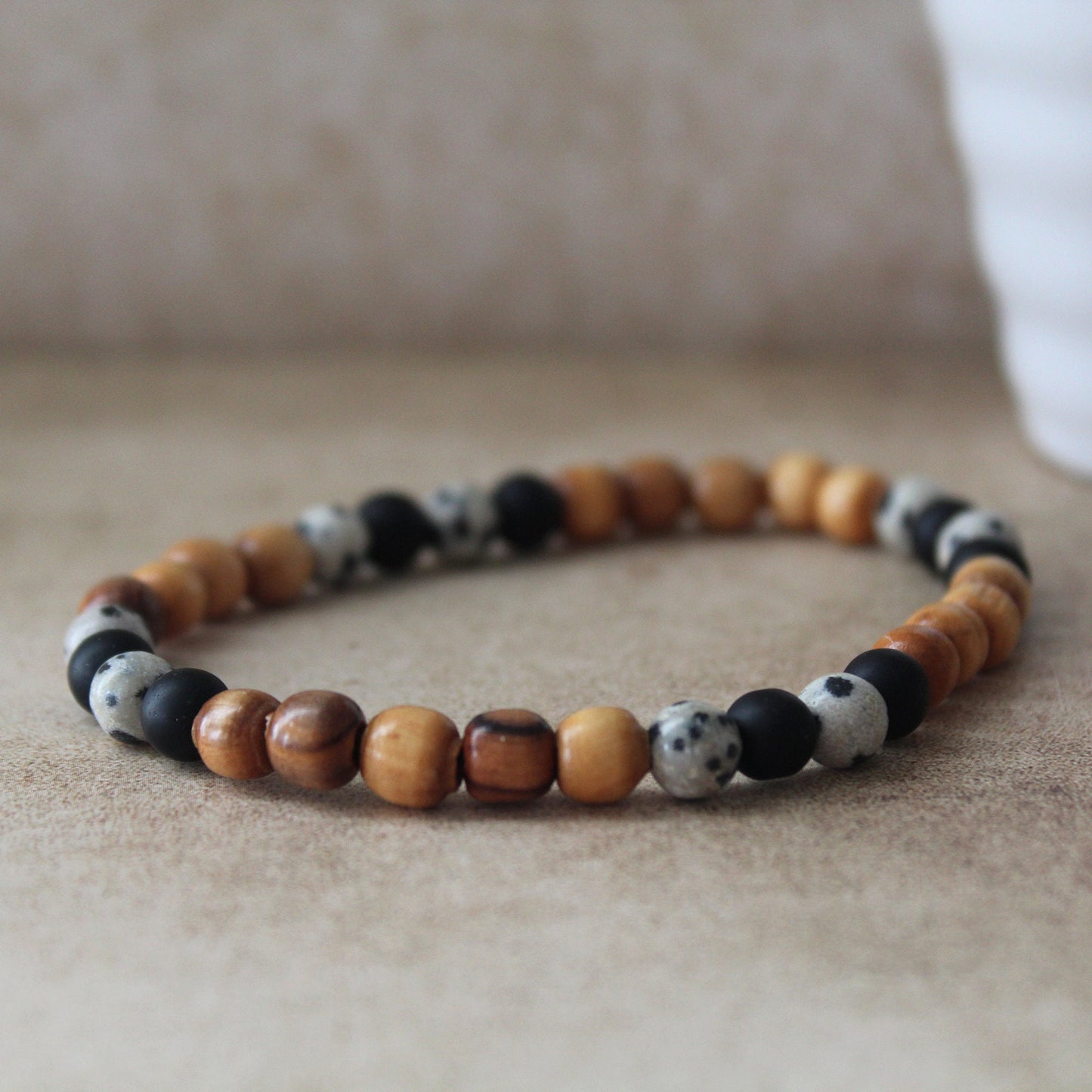 Dalmatian Jasper Protection Bracelet with Olive Wood Beads - Handcrafted Hebrew Unisex Jewelry