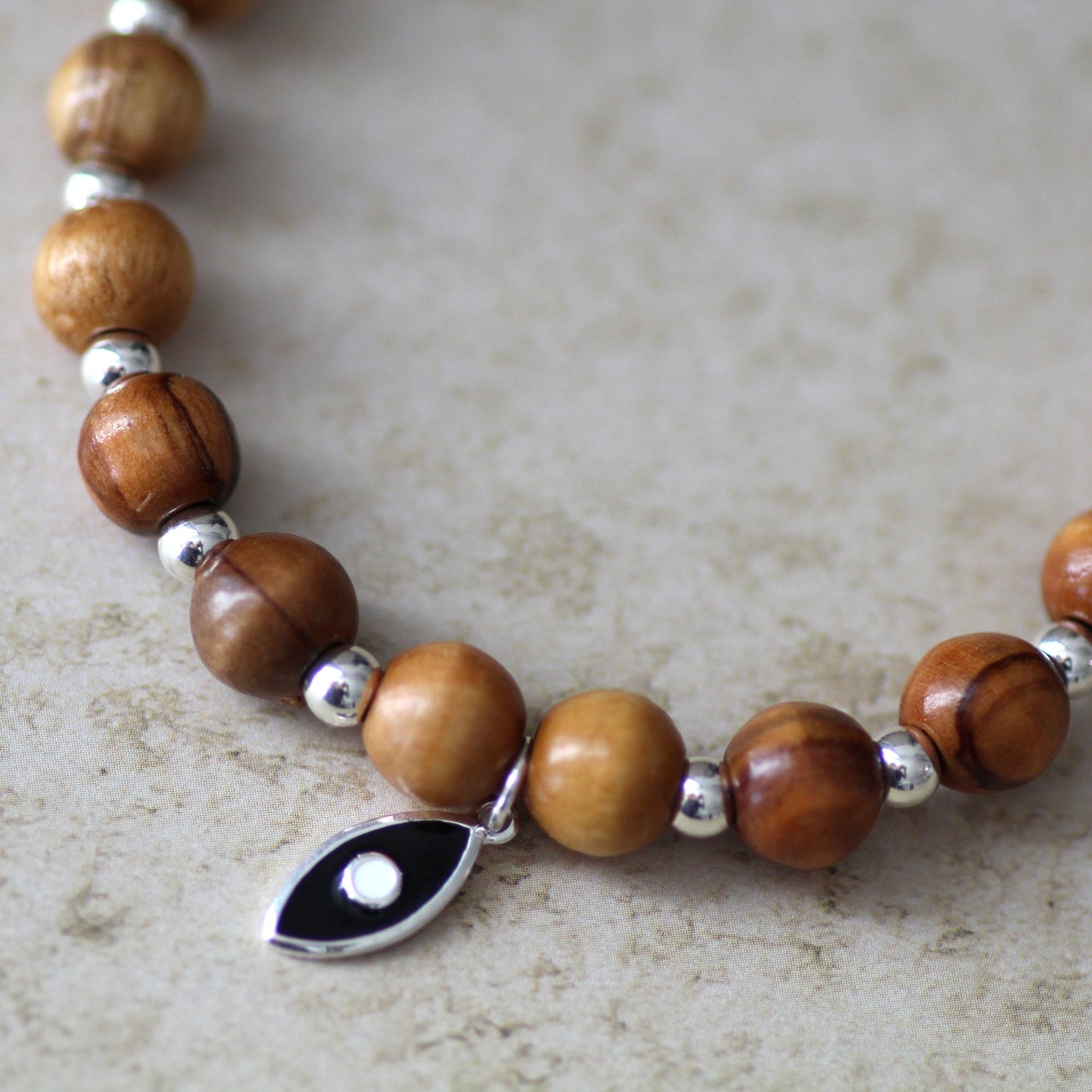 925 Silver and Olive Wood Beaded Bracelet with Black Fish Charm - Handcrafted Statement Jewelry
