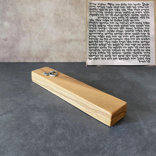 6.7" / 17cm Olive Wood Mezuzah Case with Silver Shin & Scroll - Elegant Jewish Doorpost Blessing - New Home Gift