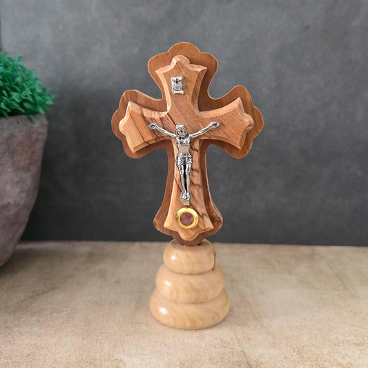 5.5" Standing Olive Wood Tabletop Crucifix of the Holy Land Handmade Table Cross, Catholic Wooden Crucifix, Religious Home Decor