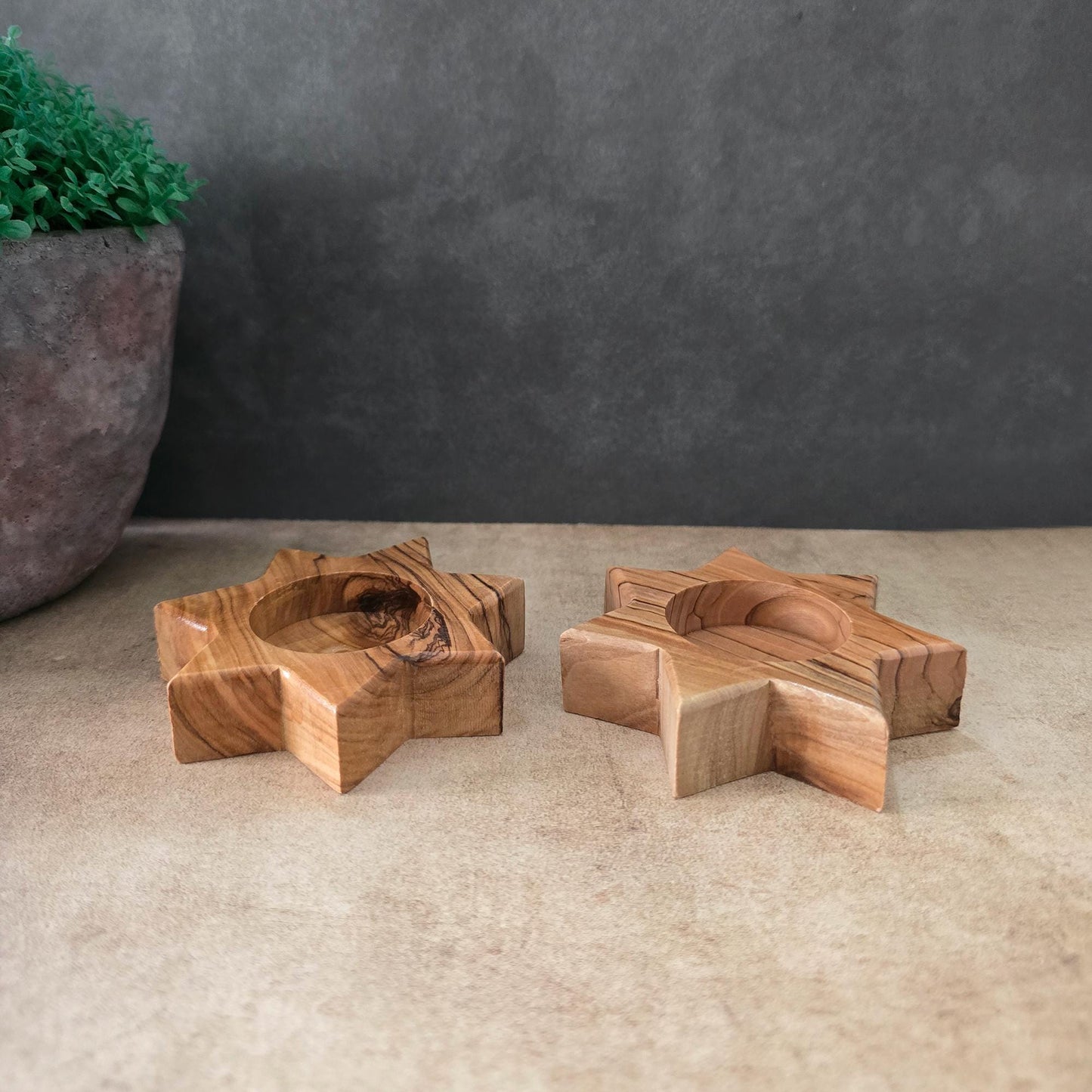 Pair of Handmade 7 Point Star Tealight Holders, Wooden Candle Holders, Hand Crafted Olive Wood Candle Holders, Hand Made Gift Home Decor