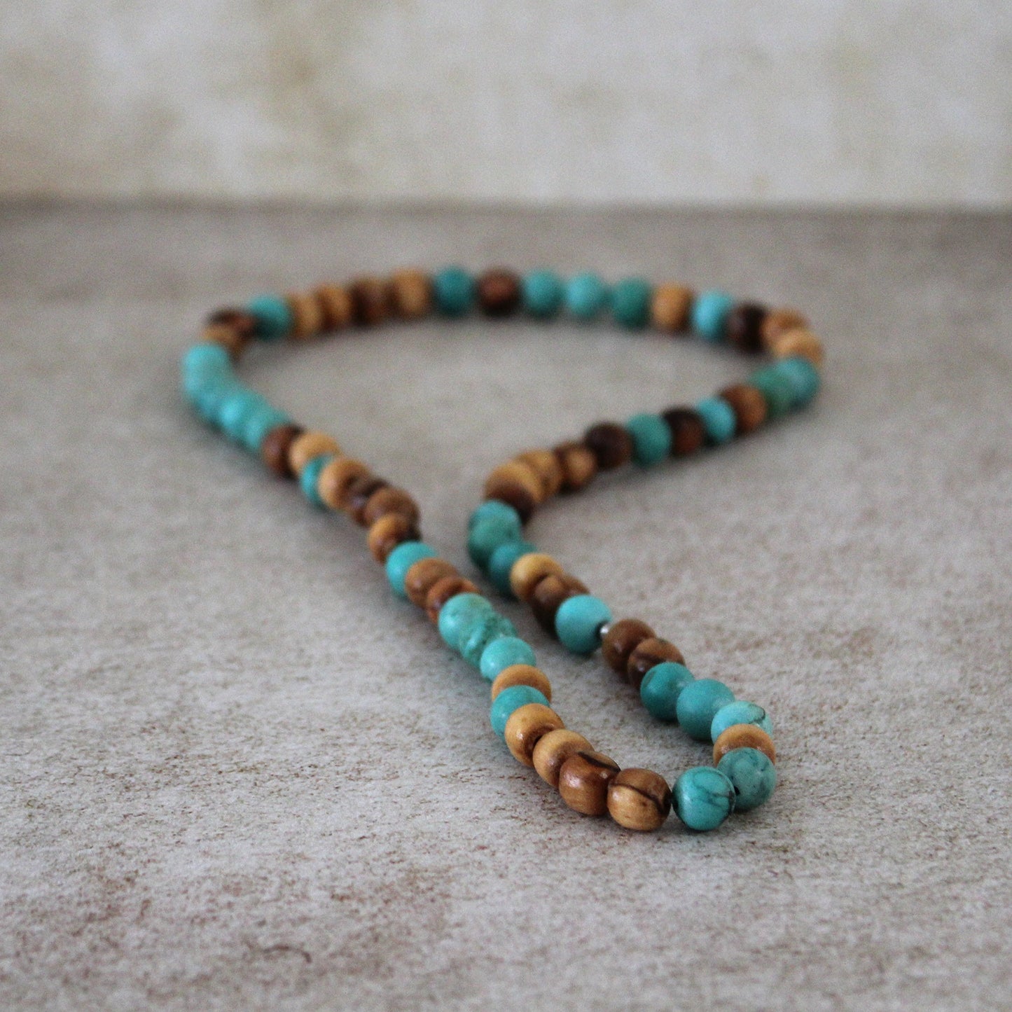 Earthy Double-Strand Stretch Bracelet, Olive Wood & Turquoise Stones
