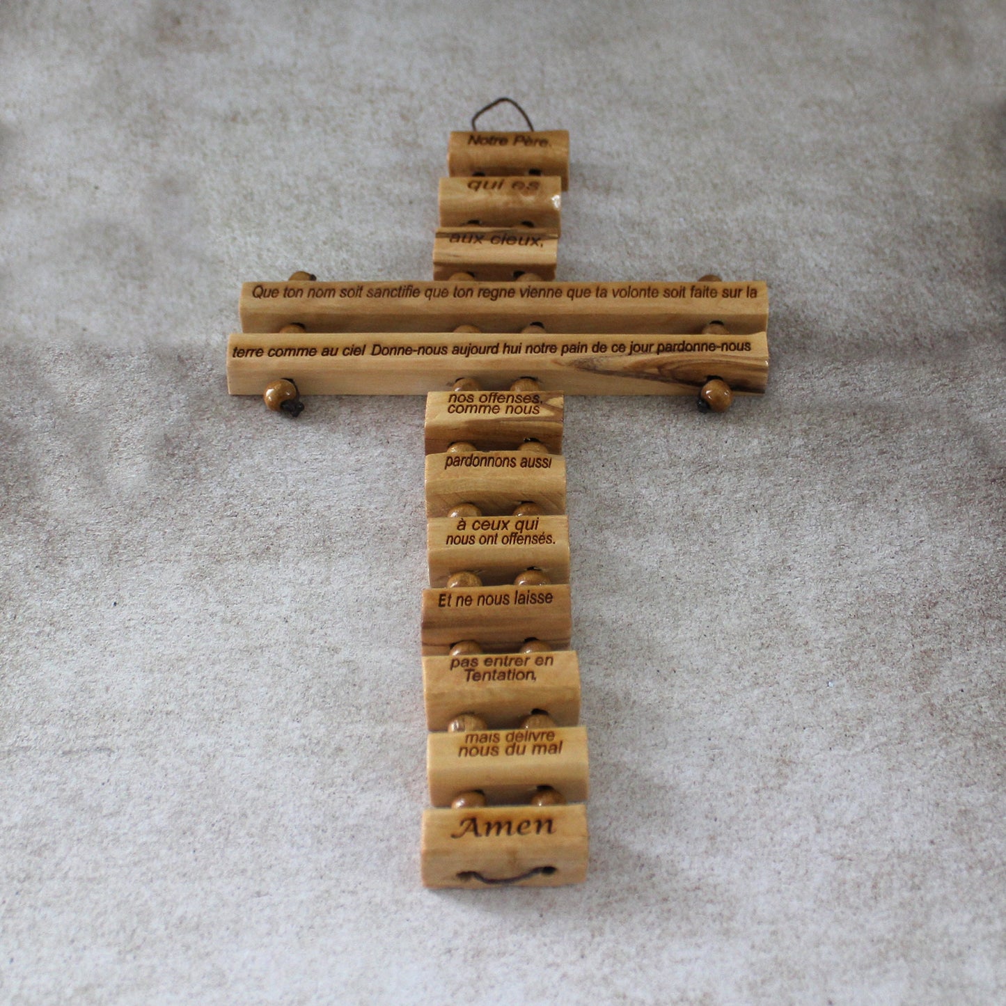 Our Father Prayer in French Engraved, Handmade Olive Wood Cross Wall Hanging, Wooden Blessing Cross for Wedding and Anniversary Gift