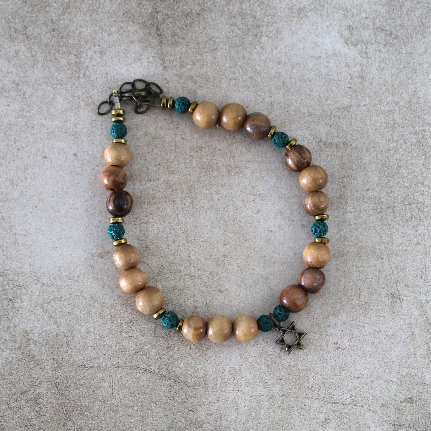 Olive Beads Healing Bracelet with Star of David - Turquoise Lava Beaded Bracelet - Green Lava Stone Protective Bracelet
