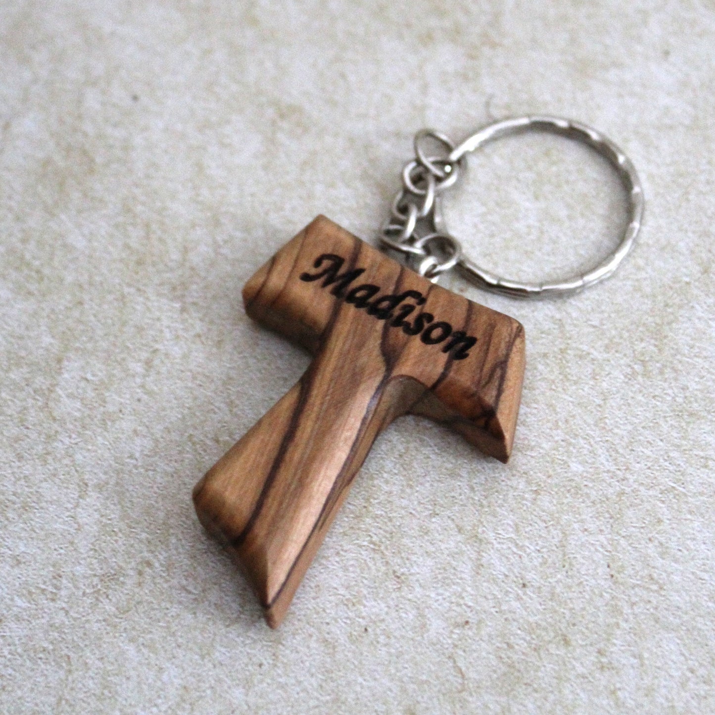 Personalized Handmade Tau Cross Keychain, Olive Wood Christian Keychain, Made in Jerusalem Holy Land, Wooden Cross Unique Keychain Gift