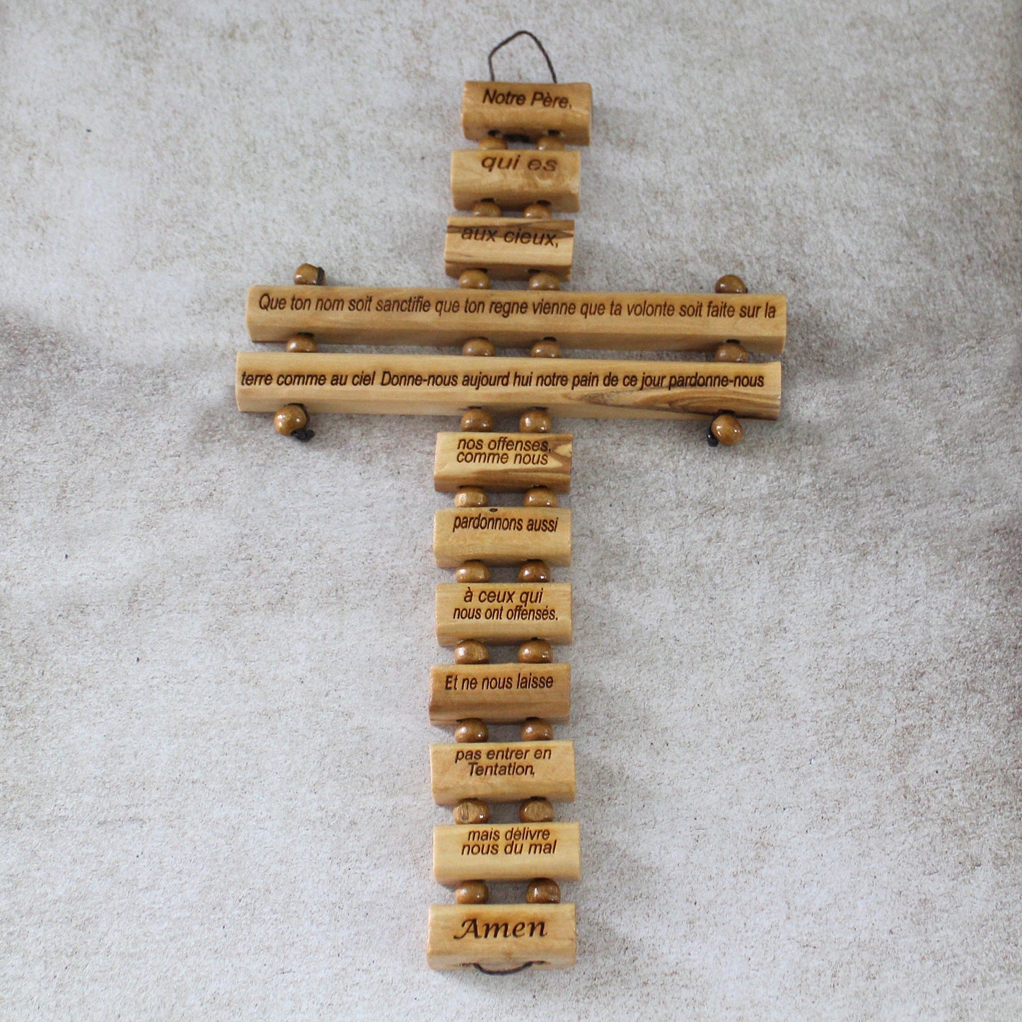 Our Father Prayer in French Engraved, Handmade Olive Wood Cross Wall Hanging, Wooden Blessing Cross for Wedding and Anniversary Gift