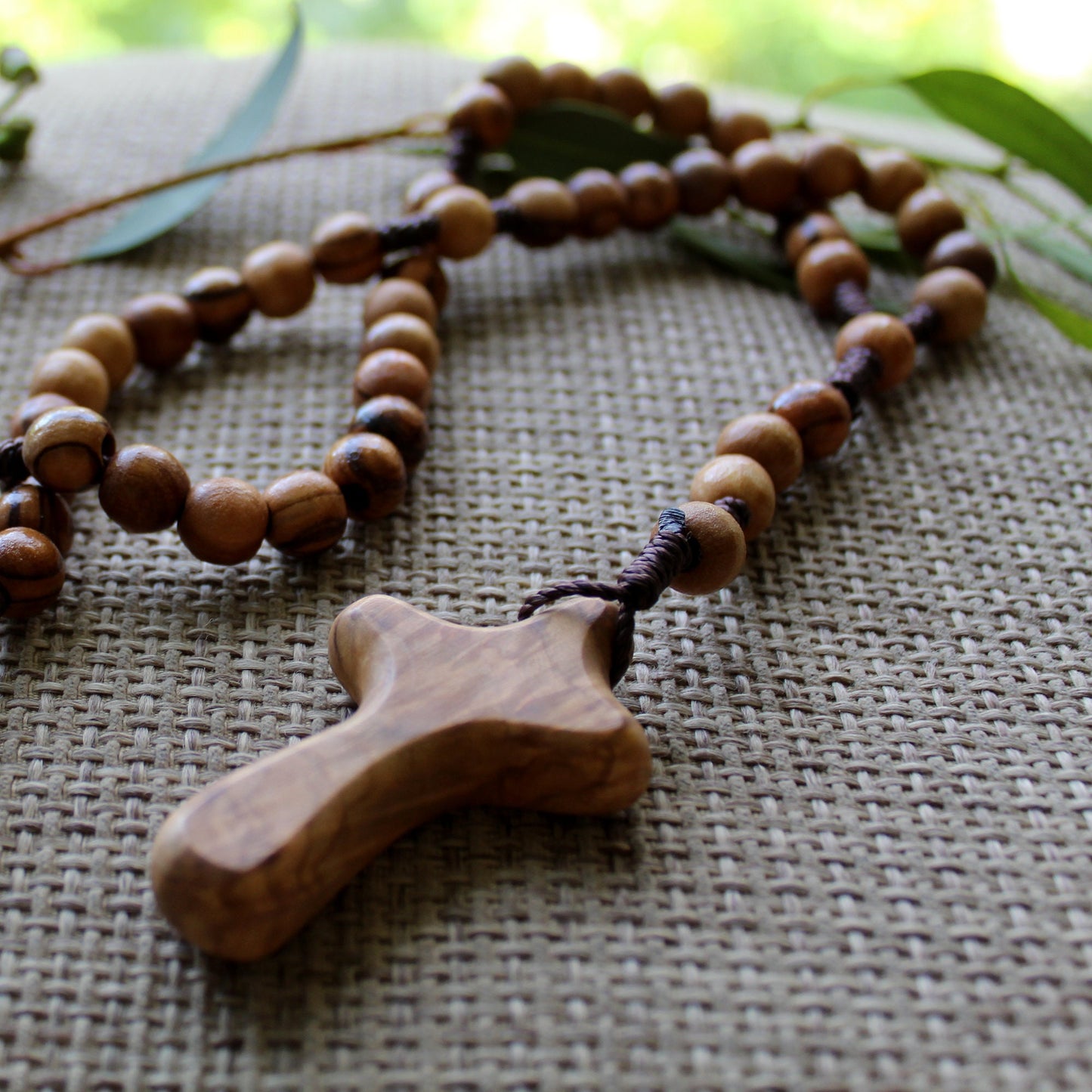 Get Two 9-10mm Beads, Olive Wood Cross Beaded Necklace, Handmade Smooth Round Prayer Beads, Holy Land Gift for Her, Rosary Necklace