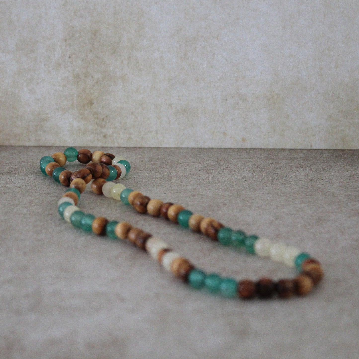 Earthy Double-Strand Stretch Bracelet, Olive Wood & Mix of White and Green Jade Beads