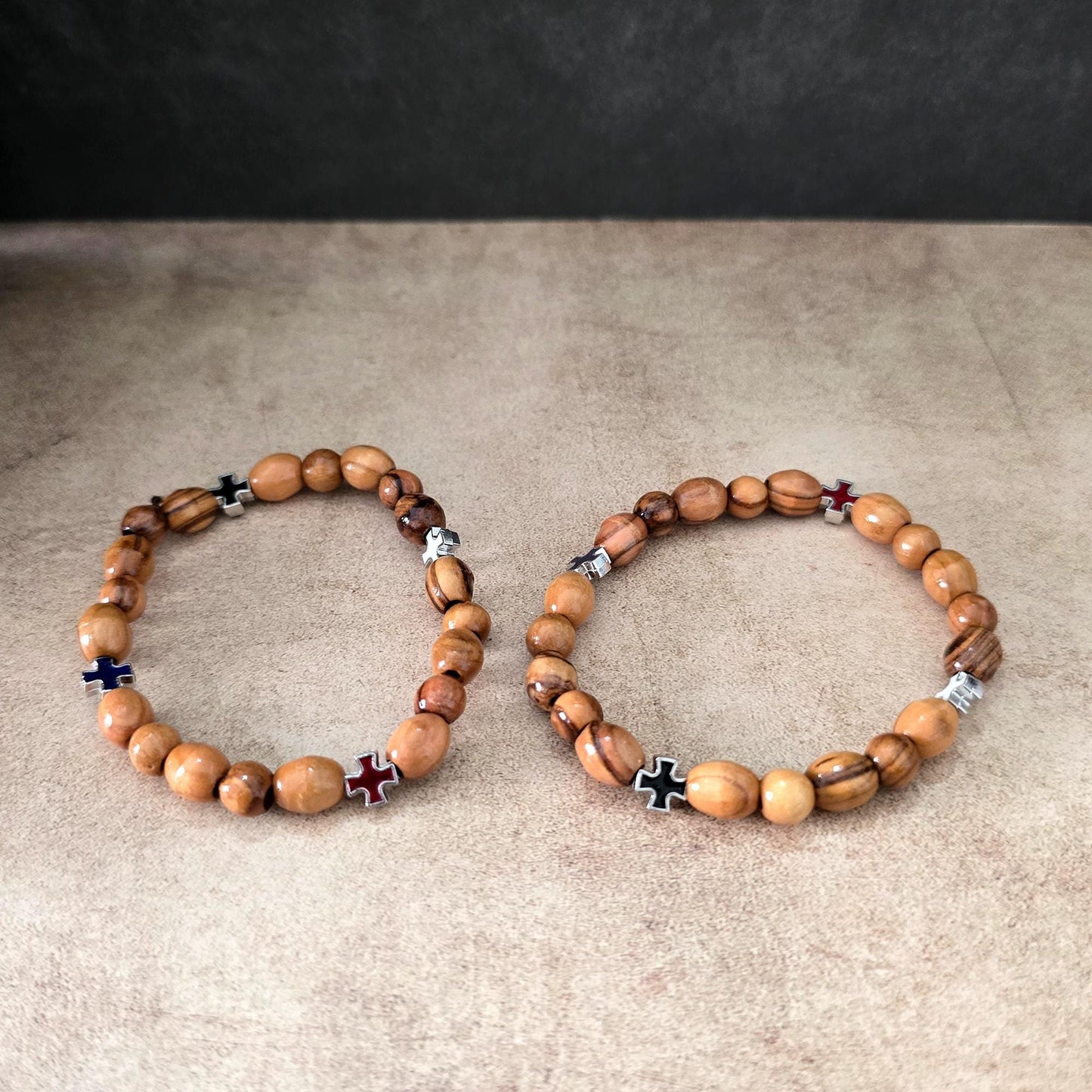 Get Two Olive Wood Handmade Beads Bracelet, Colorful Icons of Crosses, Made in the Holy Land Jerusalem
