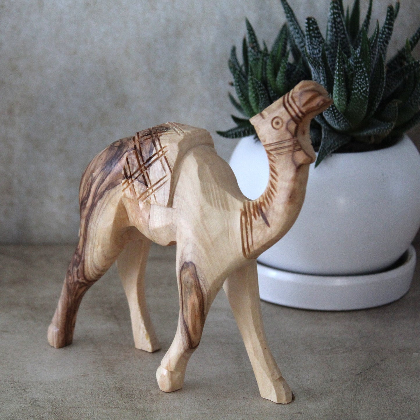 Olive Wood Camel Statue Hand Carved in Holy Land Figurine. Hand Made in Holy Land Jerusalem, 2.5x14 centimeters