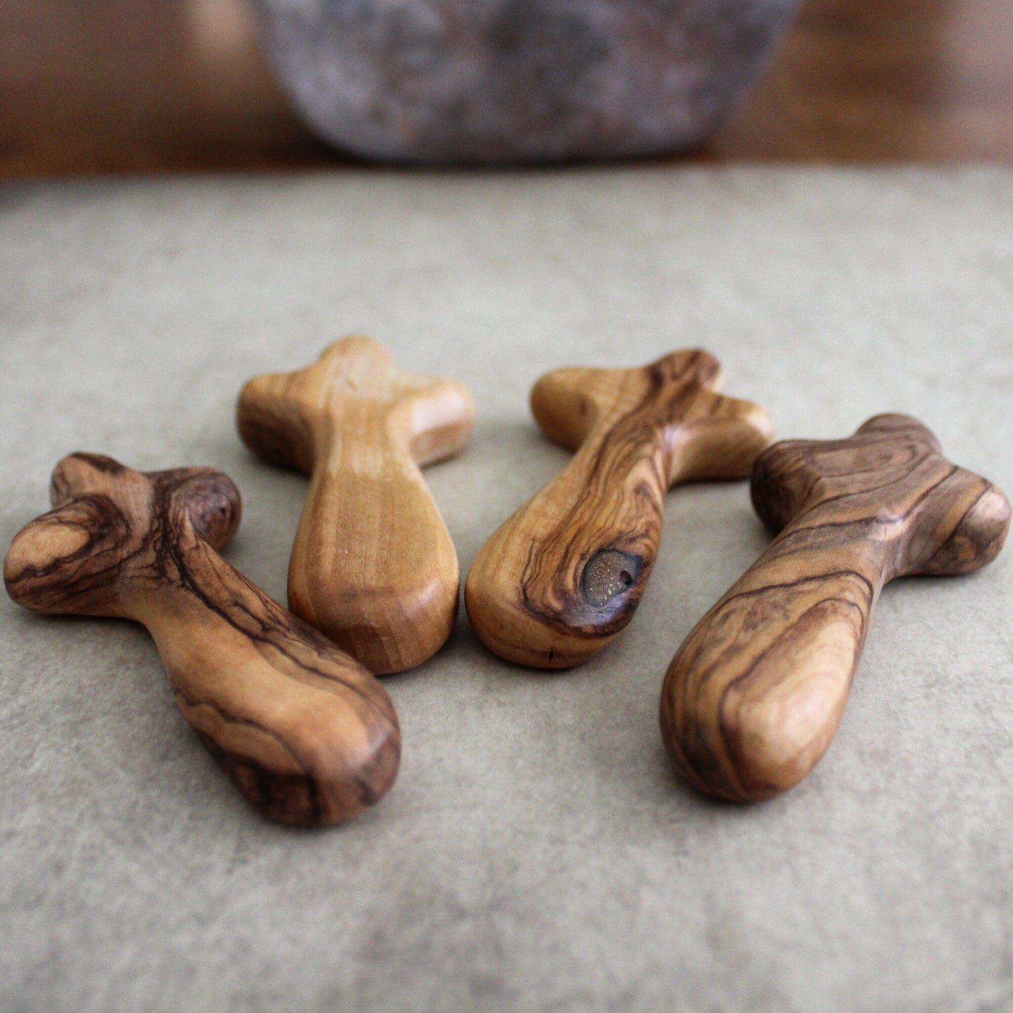 Bundle of 4 Handmade Comfort Crosses Also Called Palm Cross Made From Olive Wood in the Holy Land. Hand Carved Olive Wood Holding Crosses