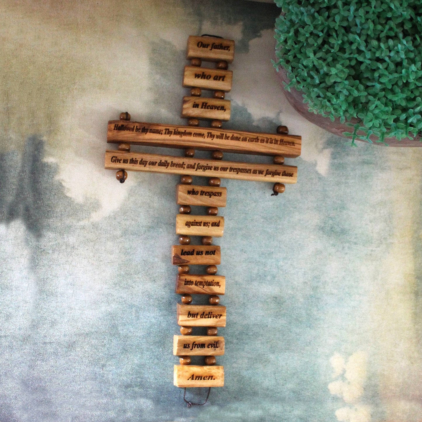 Handmade Olive Wood Cross of The Lord's Prayer, Our Father Lord's Prayer engraved, Wooden Crucifix from the Holy Land