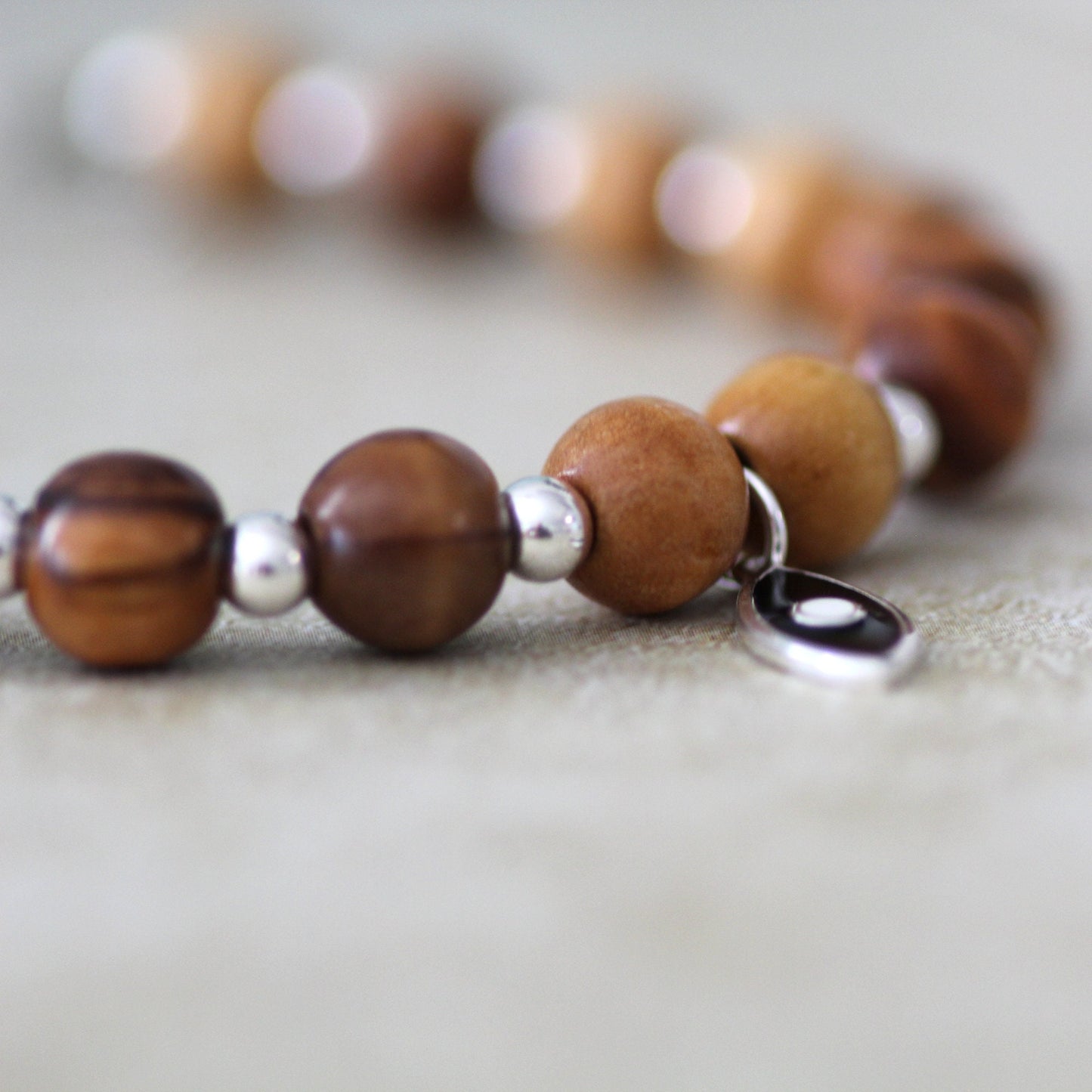 925 Silver and Olive Wood Beaded Bracelet with Black Fish Charm - Handcrafted Statement Jewelry